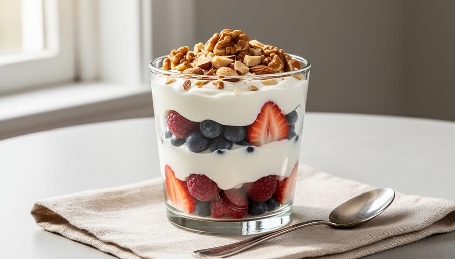 Overhead view of a Greek yogurt parfait layered with berries and nuts