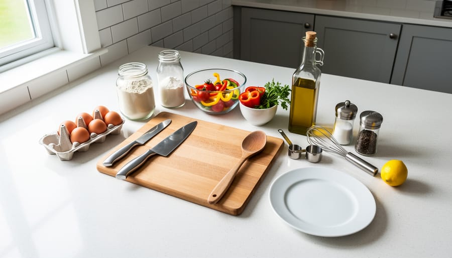 Colorful ingredients and cooking tools arranged on a kitchen counter with natural window light.
