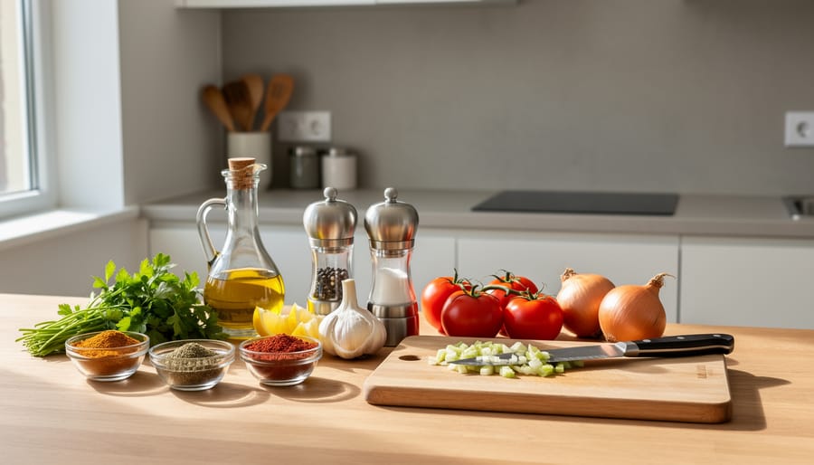 Kitchen countertop with an open fridge, assorted ingredients, and a phone camera ready for quick creativity.