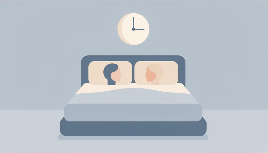 Neatly made bed in a dim bedroom with moonlight and a blurred bedside area, representing restful sleep.