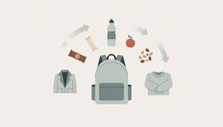 Child’s backpack open with water bottle and spare items on a picnic blanket in a park