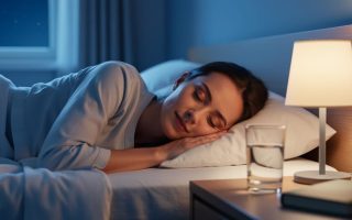 A person sleeping peacefully in a softly lit bedroom at night, representing restorative beauty sleep.