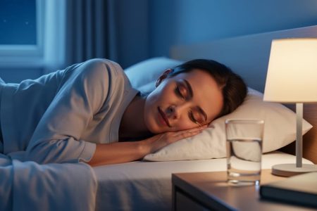 A person sleeping peacefully in a softly lit bedroom at night, representing restorative beauty sleep.