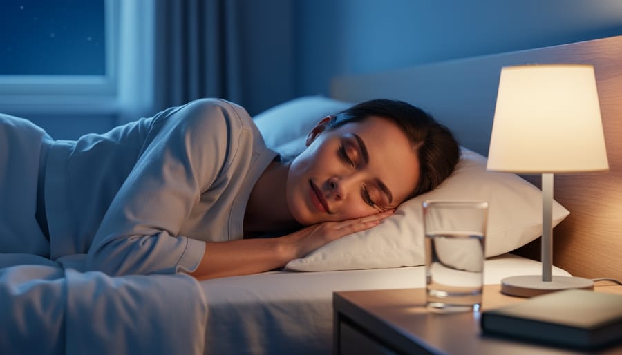 A person sleeping peacefully in a softly lit bedroom at night, representing restorative beauty sleep.