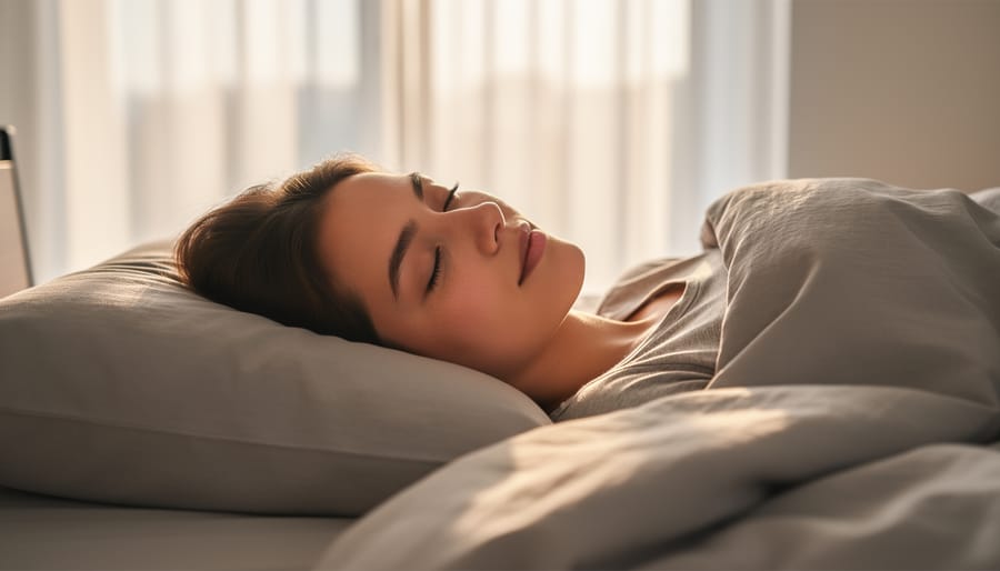 Woman waking up in bed at sunrise with a relaxed, rested expression.