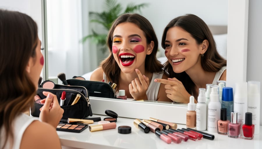 Person’s hands using lipstick on the cheek as a cream blush during a quick beauty experiment.
