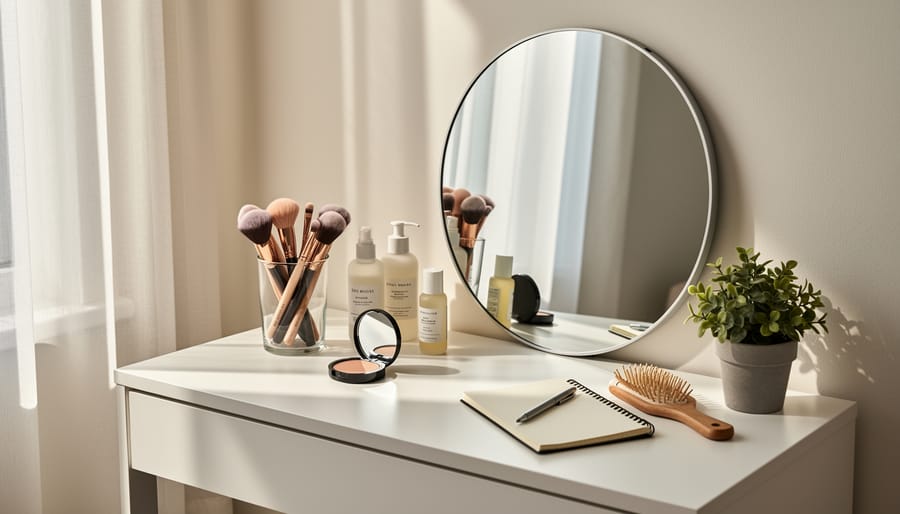 Journal, makeup brush, lipstick, and flowers arranged on a vanity in soft natural light.