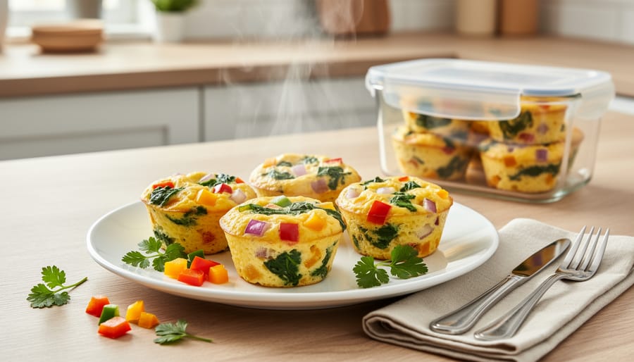 Veggie egg muffins in a glass container next to fresh spinach and bell pepper on a cutting board